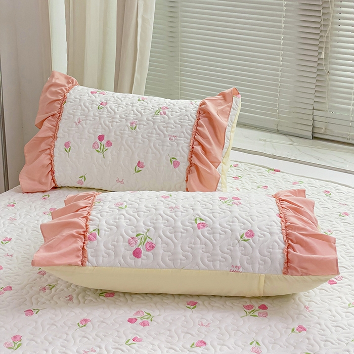 91家纺网 家纺一手货源 找家纺 纽缦家纺 2024水洗双层纱加厚加棉韩版床盖 甜酥少女