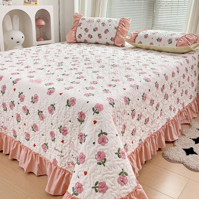 91家纺网 家纺一手货源 找家纺 纽缦家纺 2024水洗双层纱加厚加棉韩版床盖 曼塔玫瑰