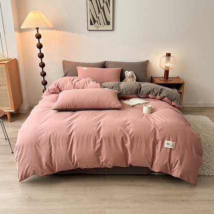91家纺网 家纺一手货源 找家纺 恋人优选 2024 A类纯棉水洗棉四件套被套(AB版) 脏粉+浅灰