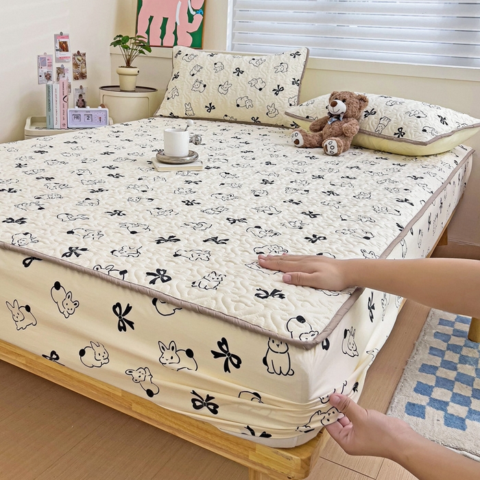 91家纺网 家纺一手货源 找家纺 纽缦家纺 水洗双层纱加厚加棉床笠-床垫保护套 心动兔兔