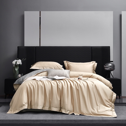 91家纺网 家纺一手货源 找家纺 利欧 2025新款100支全棉四件套系列-双拼四件套 浅香槟+浅银灰