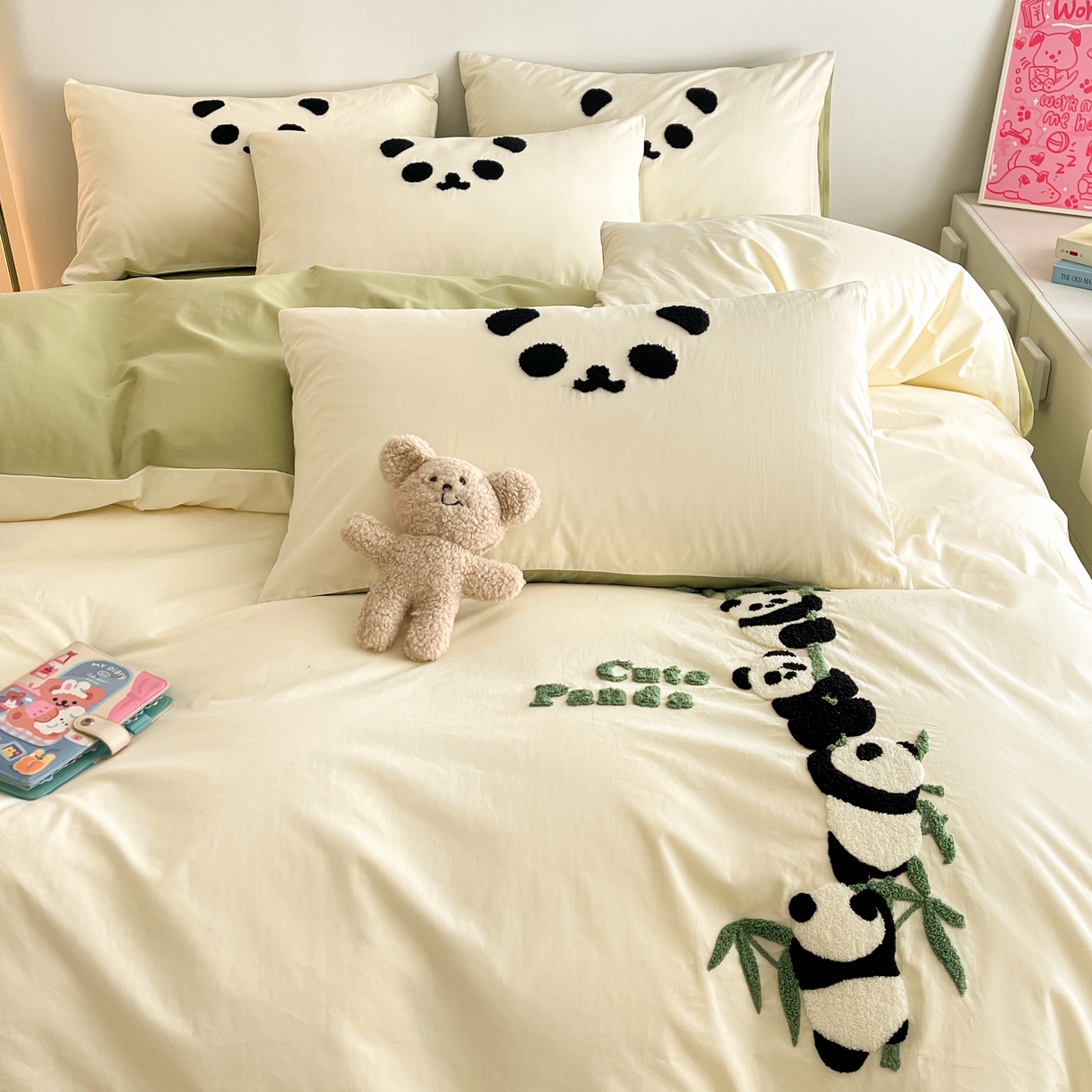 91家纺网 家纺一手货源 找家纺 琪格格2024新款纯棉毛巾绣四件套 熊猫爬树