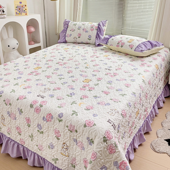 91家纺网 家纺一手货源 找家纺 纽缦家纺 2024水洗双层纱加厚加棉韩版床盖 半眠日记