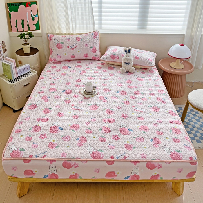 91家纺网 家纺一手货源 找家纺 纽缦家纺 水洗双层纱加厚加棉床笠-床垫保护套 桃你喜欢