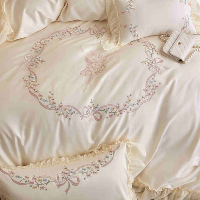 91家纺网 家纺一手货源 找家纺 嘉汀兰2024新款100S澳棉双股贡缎刺绣长绒棉六件套 奶白色