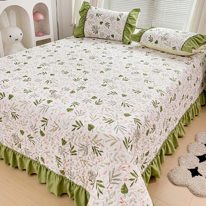 91家纺网 家纺一手货源 找家纺 纽缦家纺 2024水洗双层纱加厚加棉韩版床盖 香草薄荷