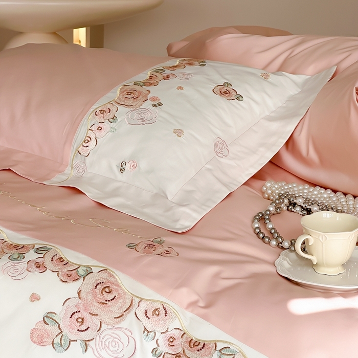 91家纺网 家纺一手货源 找家纺 2024新款100支全棉四件套-玫瑰物语 初夏粉