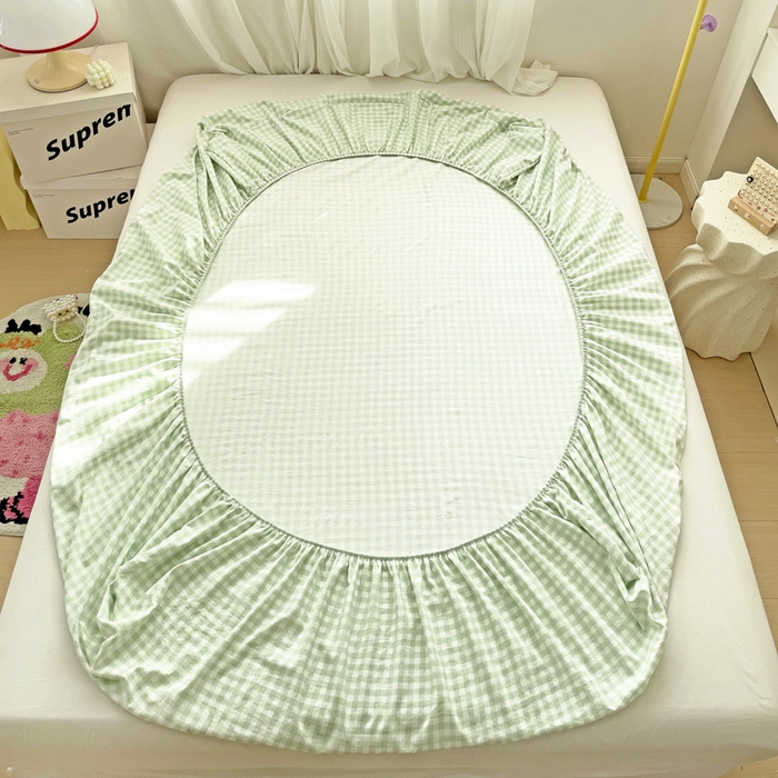 91家纺网 家纺一手货源 找家纺 纽缦家纺 2024素色无印风云朵棉单床笠 小绿格