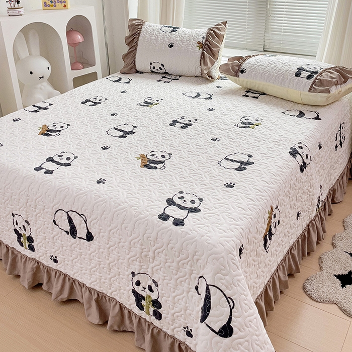 91家纺网 家纺一手货源 找家纺 纽缦家纺 2024水洗双层纱加厚加棉韩版床盖 小熊猫