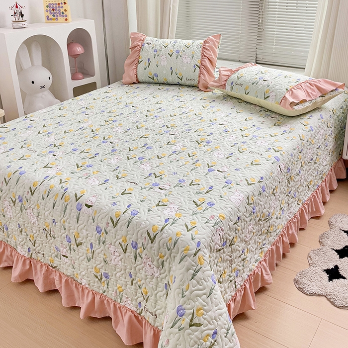 91家纺网 家纺一手货源 找家纺 纽缦家纺 2024水洗双层纱加厚加棉韩版床盖 夹心果冻