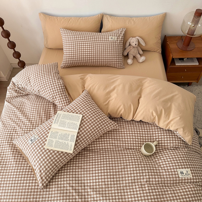 91家纺网 家纺一手货源 找家纺 恋人优选 2024 A类纯棉水洗棉四件套被套(AB版) 米小格+米色