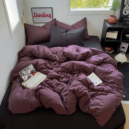 91家纺网 家纺一手货源 找家纺 阿曼达2024新款ins博主风纯色黑色混搭学生四件套-禁止焦虑 禁止焦虑-紫