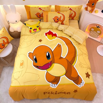 91家纺网 家纺一手货源 找家纺 卧趣 2024新款宝可梦正版授权全棉印花四件套 喷火小恐龙