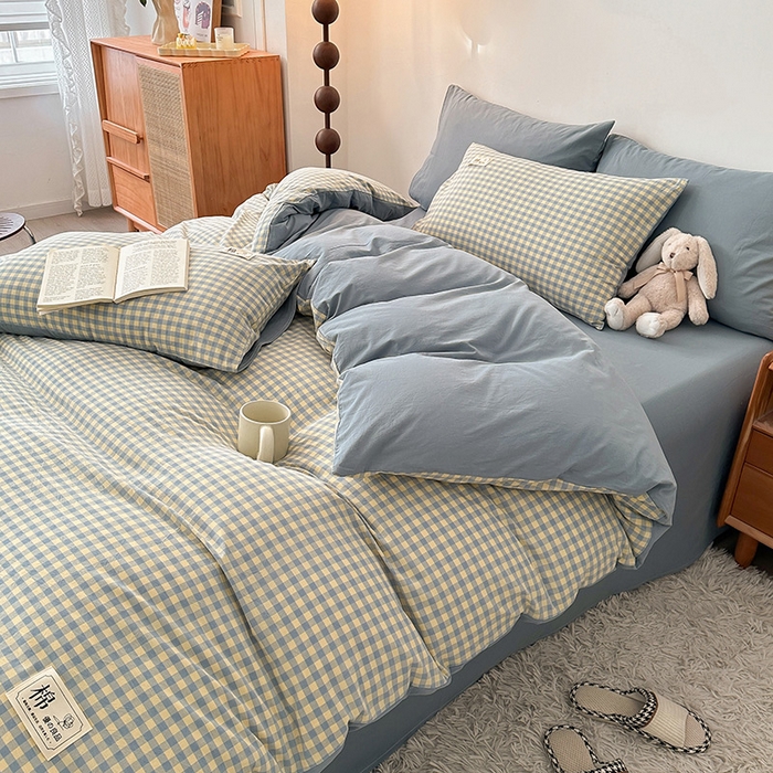 91家纺网 家纺一手货源 找家纺 恋人优选 2024 A类纯棉水洗棉四件套被套(AB版) 蓝黄小格