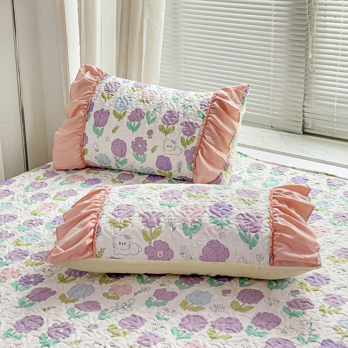 91家纺网 家纺一手货源 找家纺 纽缦家纺 2024水洗双层纱加厚加棉韩版床盖 素颜捧花