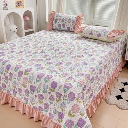 纽缦家纺 2024水洗双层纱加厚加棉韩版床盖 素颜捧花