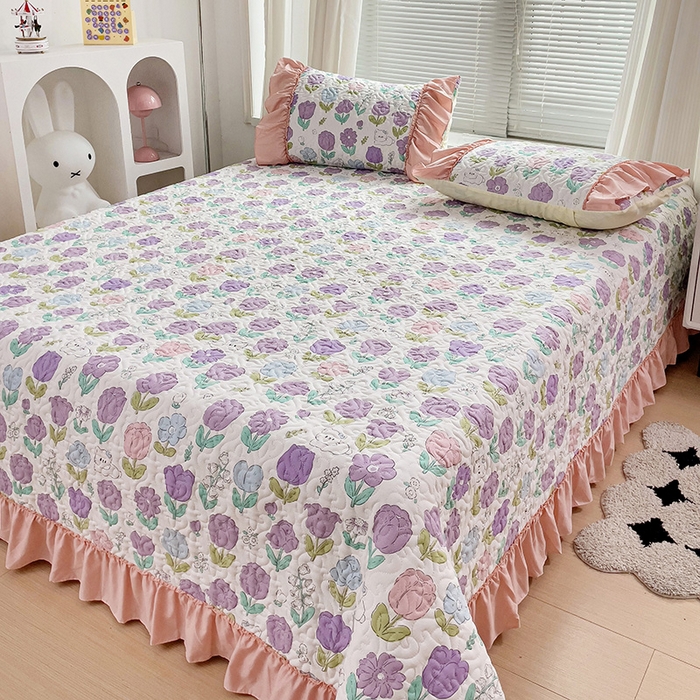 91家纺网 家纺一手货源 找家纺 纽缦家纺 2024水洗双层纱加厚加棉韩版床盖 素颜捧花