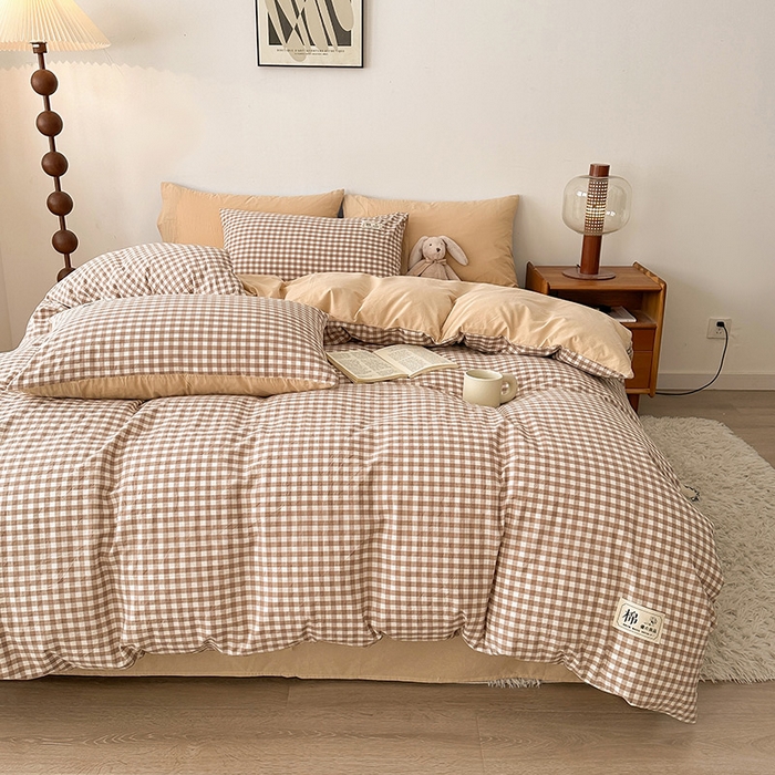 91家纺网 家纺一手货源 找家纺 恋人优选 2024 A类纯棉水洗棉四件套被套(AB版) 米小格+米色