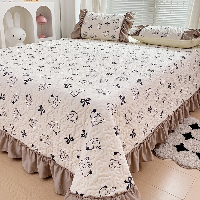 91家纺网 家纺一手货源 找家纺 纽缦家纺 2024水洗双层纱加厚加棉韩版床盖 心动兔兔