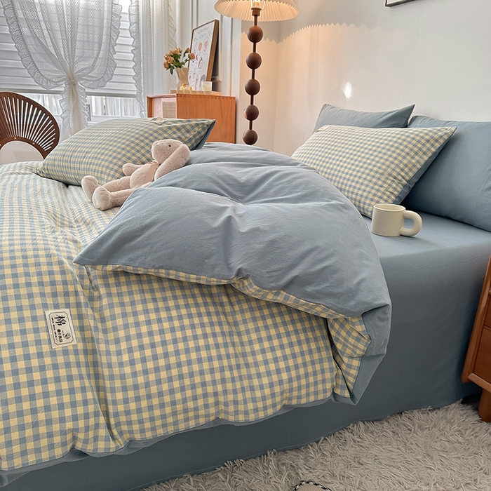 91家纺网 家纺一手货源 找家纺 恋人优选 2024 A类纯棉水洗棉四件套被套(AB版) 蓝黄小格