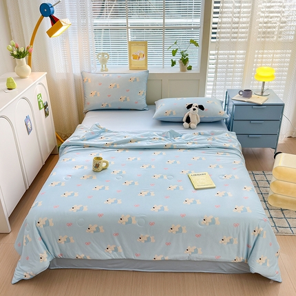 星期八 2024新款针织棉夏被四件套 蝴蝶结狗狗蓝