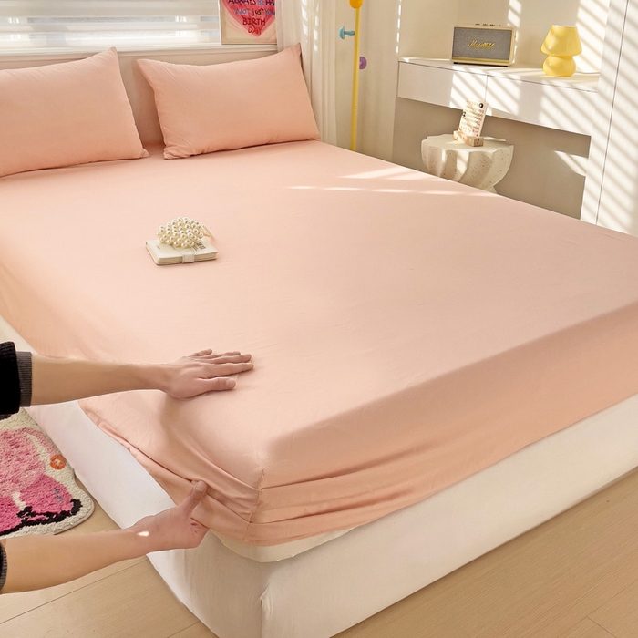 91家纺网 家纺一手货源 找家纺 纽缦家纺 2024素色无印风云朵棉单床笠 纯色粉玉