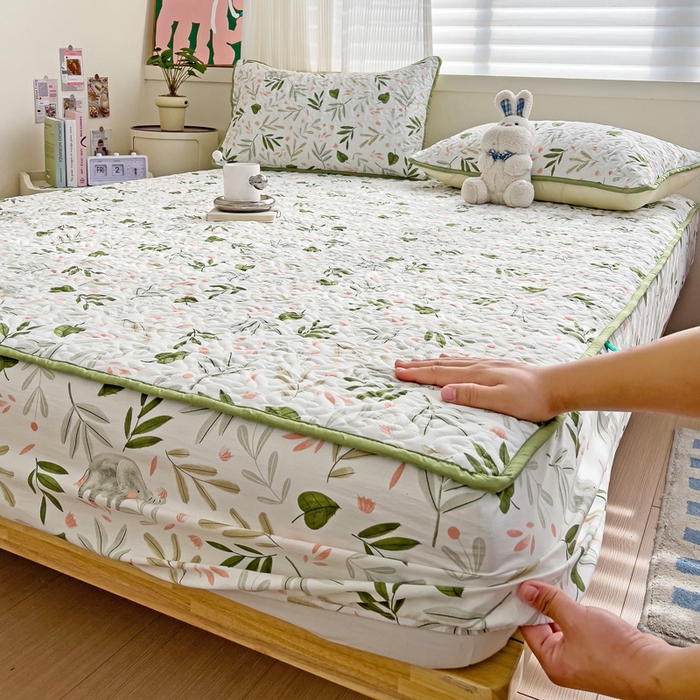 91家纺网 家纺一手货源 找家纺 纽缦家纺 水洗双层纱加厚加棉床笠-床垫保护套 香草薄荷