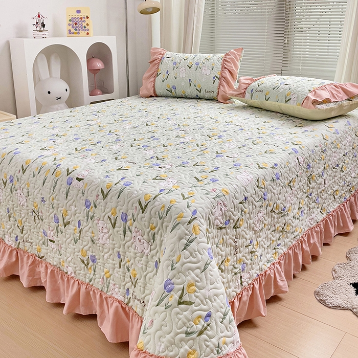 91家纺网 家纺一手货源 找家纺 纽缦家纺 2024水洗双层纱加厚加棉韩版床盖 夹心果冻