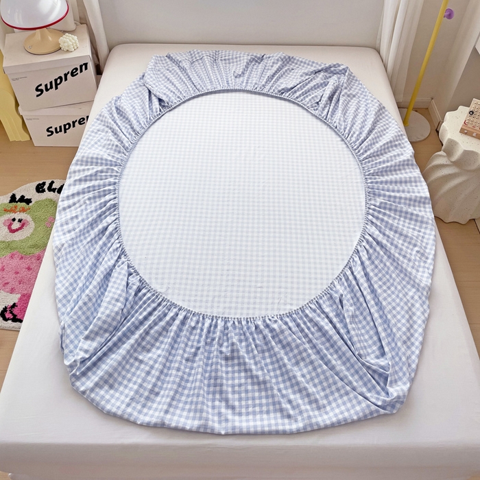 91家纺网 家纺一手货源 找家纺 纽缦家纺 2024素色无印风云朵棉单床笠 小蓝格