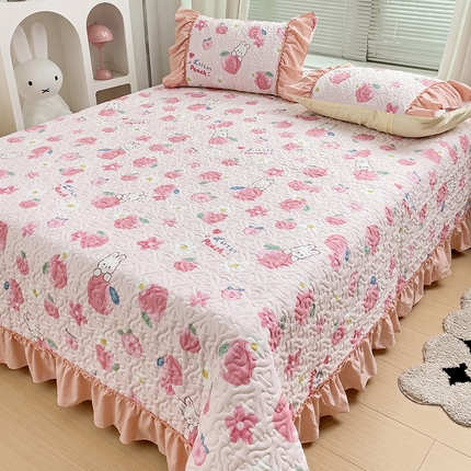 纽缦家纺 2024水洗双层纱加厚加棉韩版床盖 桃你喜欢