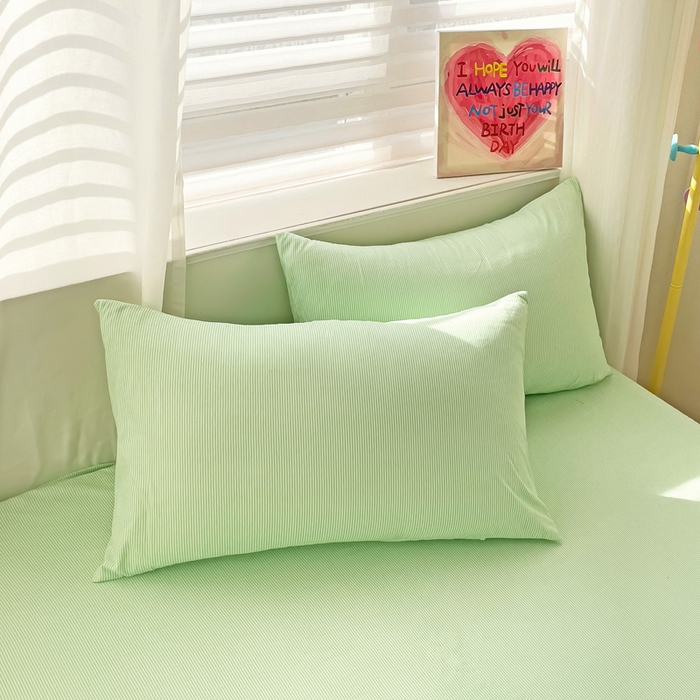 91家纺网 家纺一手货源 找家纺 纽缦家纺 2024素色无印风云朵棉单床笠 小绿条