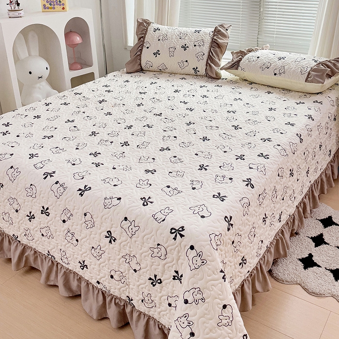 91家纺网 家纺一手货源 找家纺 纽缦家纺 2024水洗双层纱加厚加棉韩版床盖 心动兔兔