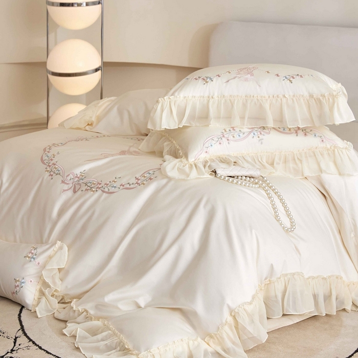 91家纺网 家纺一手货源 找家纺 嘉汀兰2024新款100S澳棉双股贡缎刺绣长绒棉六件套 奶白色