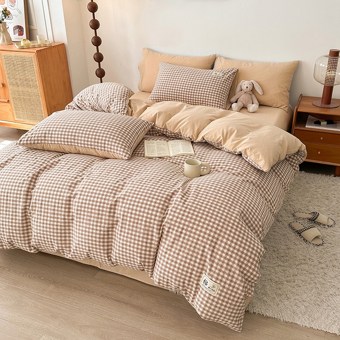 91家纺网 家纺一手货源 找家纺 恋人优选 2024 A类纯棉水洗棉四件套被套(AB版) 米小格+米色