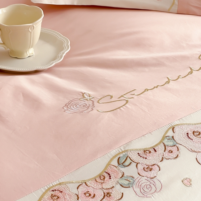 91家纺网 家纺一手货源 找家纺 2024新款100支全棉四件套-玫瑰物语 初夏粉