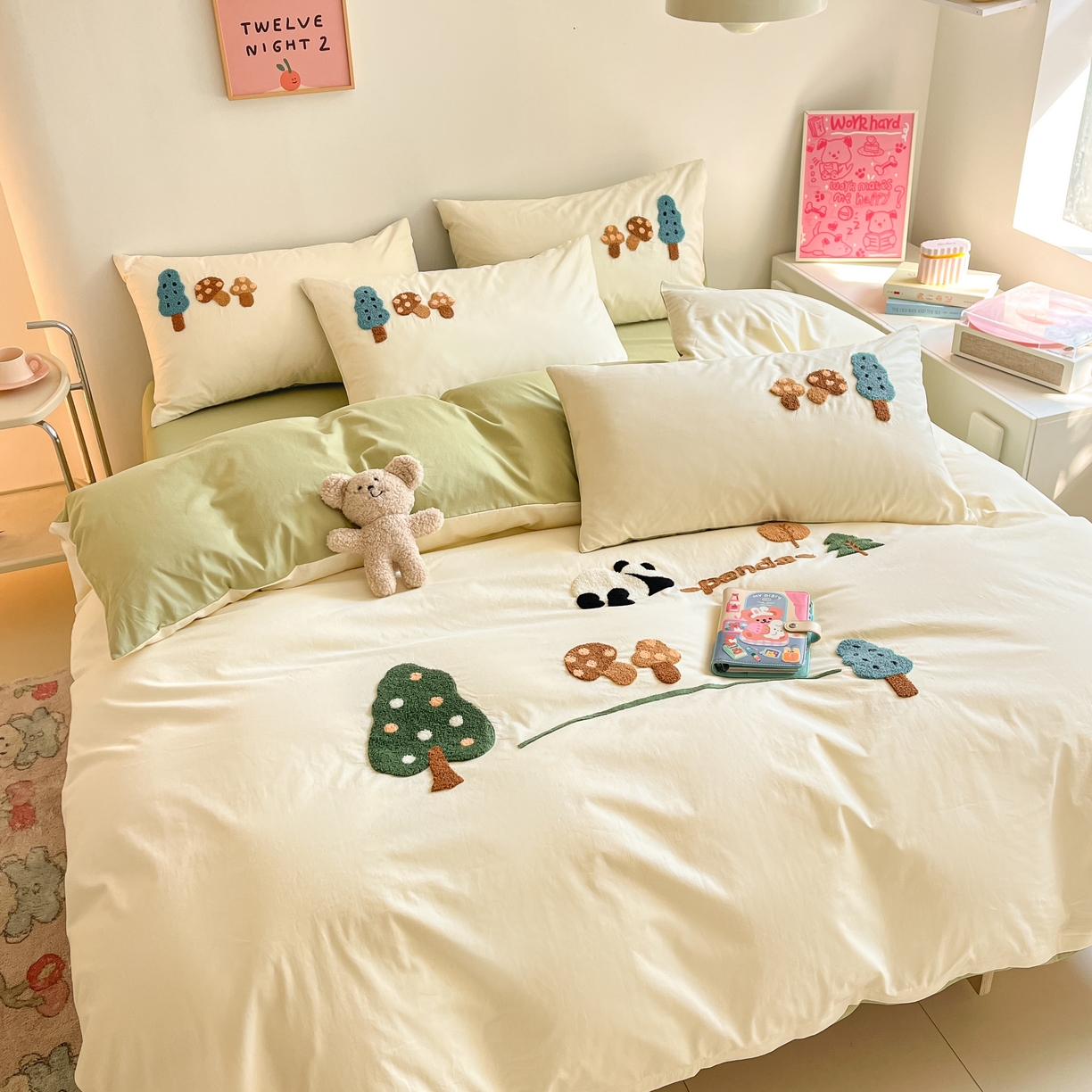 91家纺网 家纺一手货源 找家纺 琪格格2024新款纯棉毛巾绣四件套 森林熊猫