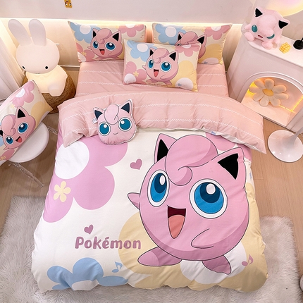 91家纺网 家纺一手货源 找家纺 卧趣 2024新款宝可梦正版授权全棉印花四件套 粉色胖丁