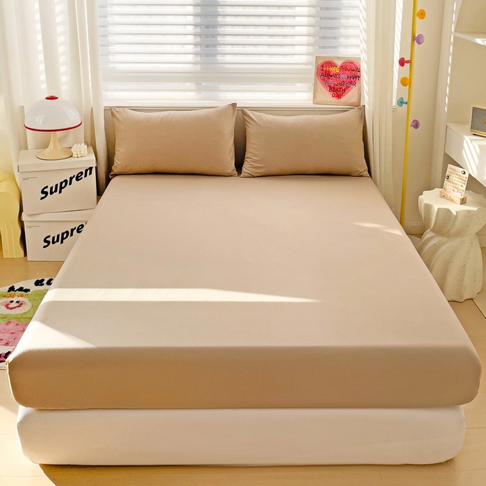 91家纺网 家纺一手货源 找家纺 纽缦家纺 2024素色无印风云朵棉单床笠 纯色卡其