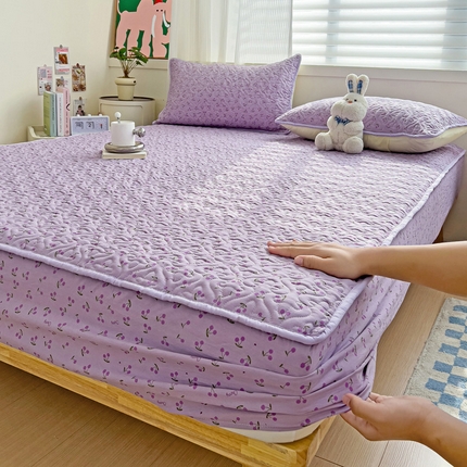 纽缦家纺 水洗双层纱加厚加棉床笠-床垫保护套 遇见-紫