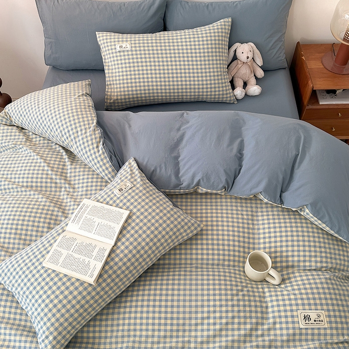 91家纺网 家纺一手货源 找家纺 恋人优选 2024 A类纯棉水洗棉四件套被套(AB版) 蓝黄小格