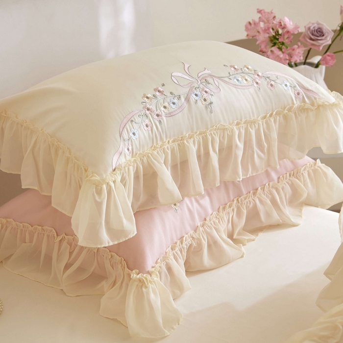 91家纺网 家纺一手货源 找家纺 嘉汀兰2024新款100S澳棉双股贡缎刺绣长绒棉六件套 奶白色