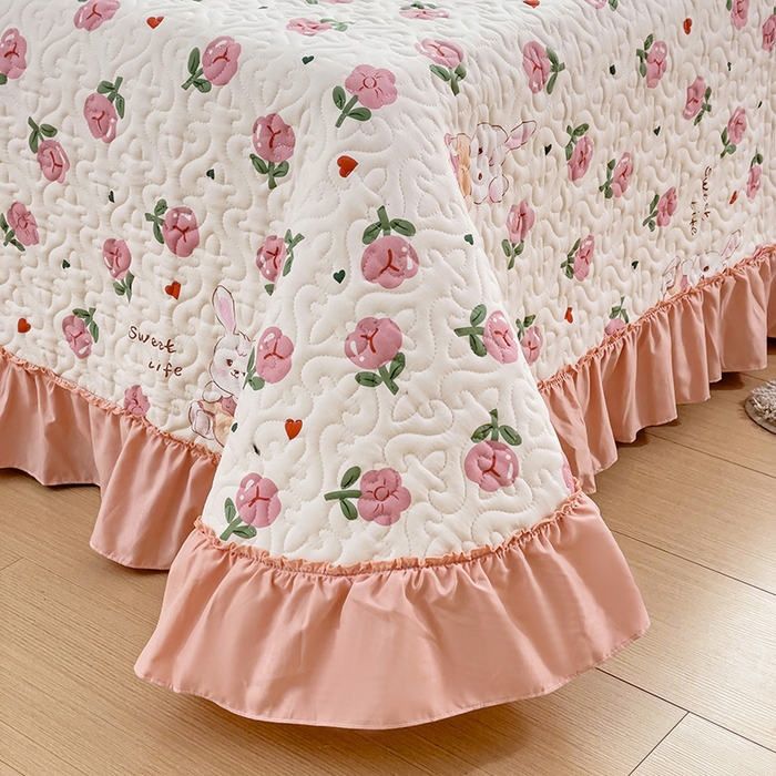 91家纺网 家纺一手货源 找家纺 纽缦家纺 2024水洗双层纱加厚加棉韩版床盖 曼塔玫瑰