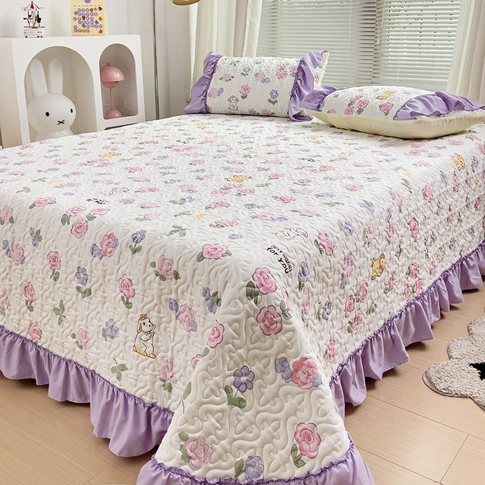 91家纺网 家纺一手货源 找家纺 纽缦家纺 2024水洗双层纱加厚加棉韩版床盖 半眠日记