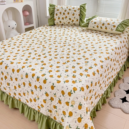 纽缦家纺 2024水洗双层纱加厚加棉韩版床盖 小橘子