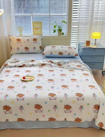 91家纺网 家纺一手货源 找家纺 星期八 2024新款针织棉夏被四件套 波点熊