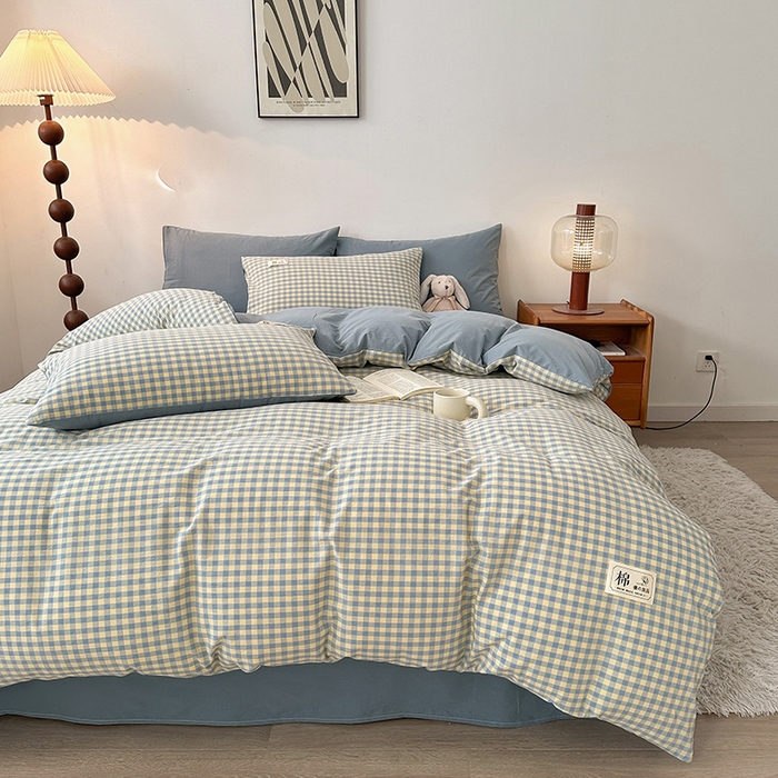 91家纺网 家纺一手货源 找家纺 恋人优选 2024 A类纯棉水洗棉四件套被套(AB版) 蓝黄小格