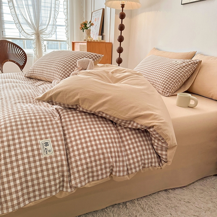 91家纺网 家纺一手货源 找家纺 恋人优选 2024 A类纯棉水洗棉四件套被套(AB版) 米小格+米色