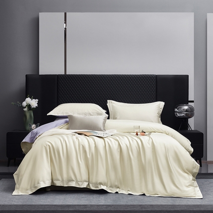 91家纺网 家纺一手货源 找家纺 利欧 2025新款100支全棉四件套系列-双拼四件套 奶昔白+浅紫