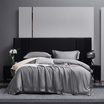 91家纺网 家纺一手货源 找家纺 利欧 2025新款100支全棉四件套系列-双拼四件套 绅士灰+浅香槟