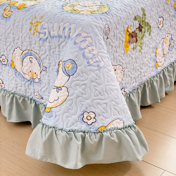 91家纺网 家纺一手货源 找家纺 纽缦家纺 2024水洗双层纱加厚加棉韩版床盖 蓝小鸭